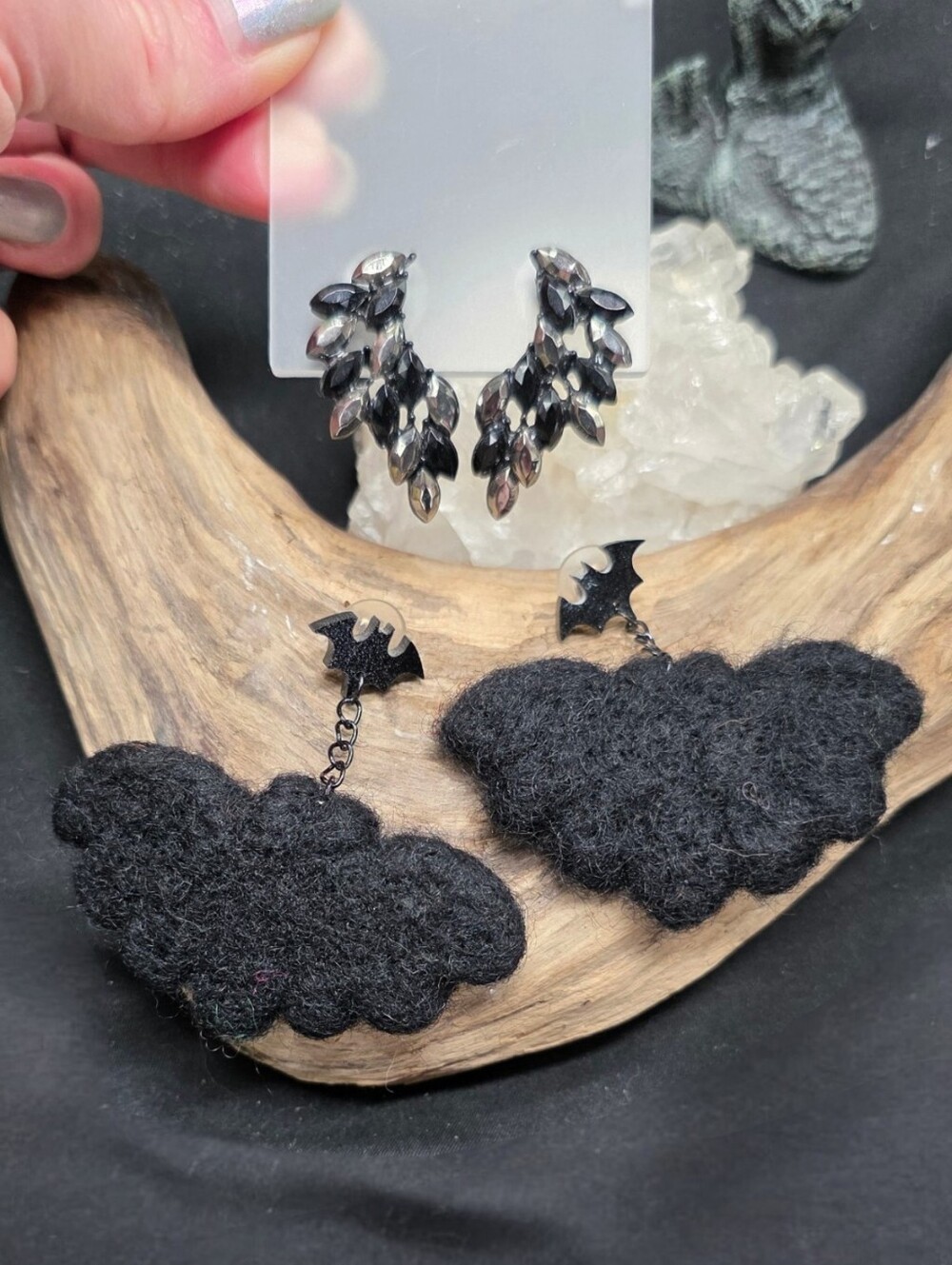 Spooky Gothic Earring Bundle Black Rhinestone Drops Wool Felted Bats